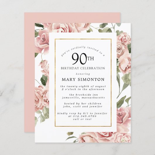 Budget Dusty Pink Rose 90th Birthday Party Invite (Voorkant / Achterkant)
