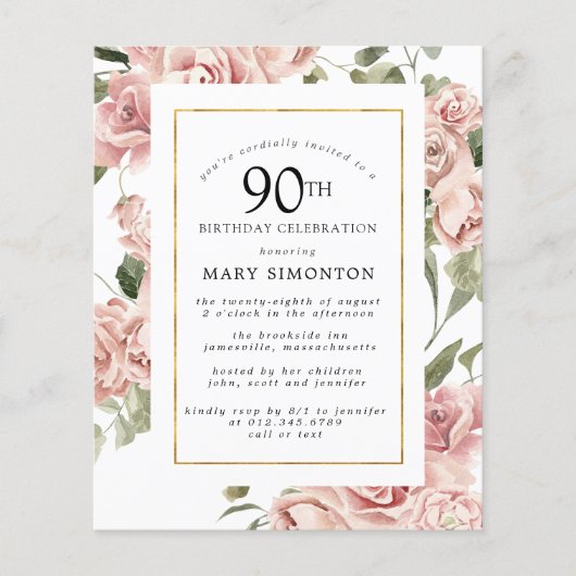 Budget Dusty Pink Rose 90th Birthday Party Invite (Voorkant)