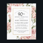 Budget Dusty Pink Rose 90th Birthday Party Invite<br><div class="desc">Elegant dusty roos lijst omringt je 90ste verjaardagsfeestgegevens.</div>
