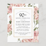 Budget Dusty Pink Rose 90th Birthday Party Invite<br><div class="desc">Elegant dusty roos lijst omringt je 90ste verjaardagsfeestgegevens.</div>