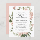 Budget Dusty Pink Rose 90th Birthday Party Invite (Voorkant / Achterkant)