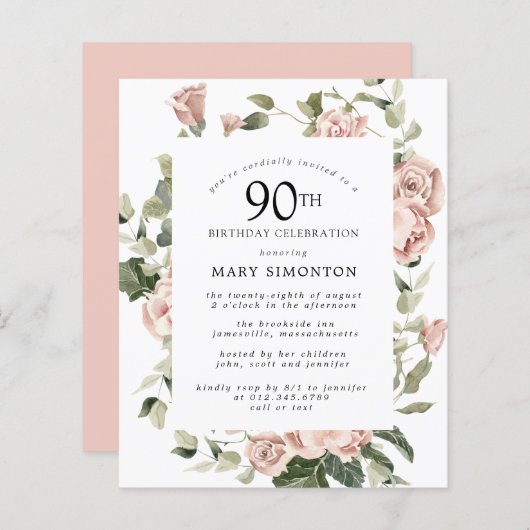 Budget Dusty Pink Rose 90th Birthday Party Invite (Voorkant / Achterkant)