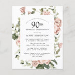 Budget Dusty Pink Rose 90th Birthday Party Invite<br><div class="desc">Elegant dusty roos lijst omringt je 90ste verjaardagsfeestgegevens.</div>