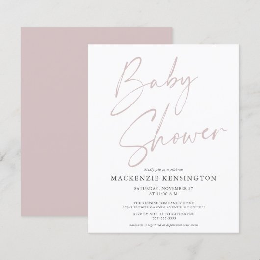 Budget Dusty Pink Script Baby Girl Shower (Voorkant / Achterkant)