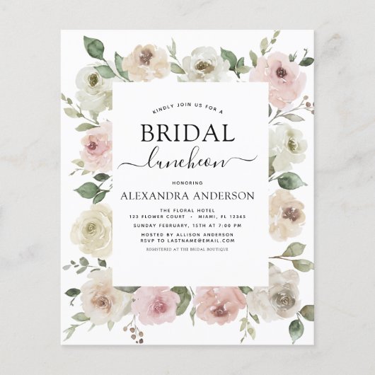 Budget Dusty Pink Vrijgezellenfeest Luncheon Flora Flyer (Voorkant)