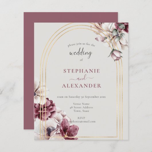 Budget Dusty Plum Floral Wedding QR Code Invite (Voorkant / Achterkant)