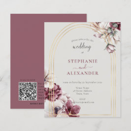 Budget Dusty Plum Floral Wedding QR Code Invite