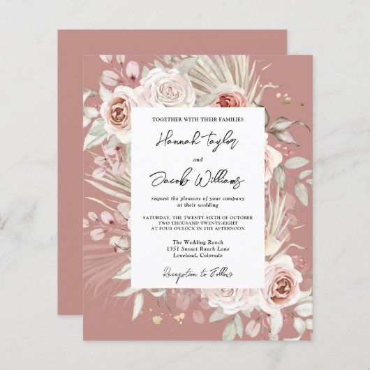 Budget Dusty Roos Boho Wedding Invitation (Voorkant / Achterkant)