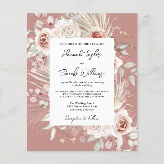Budget Dusty Roos Boho Wedding Invitation (Voorkant)