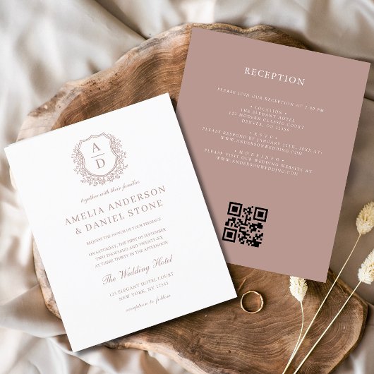 Budget Dusty Roos Crest Wedding QR Code Uitnodigin Flyer