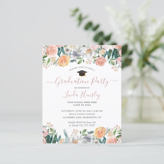 Budget Dusty Roos Floral Graduation Party nodigt u (Staand voorkant)