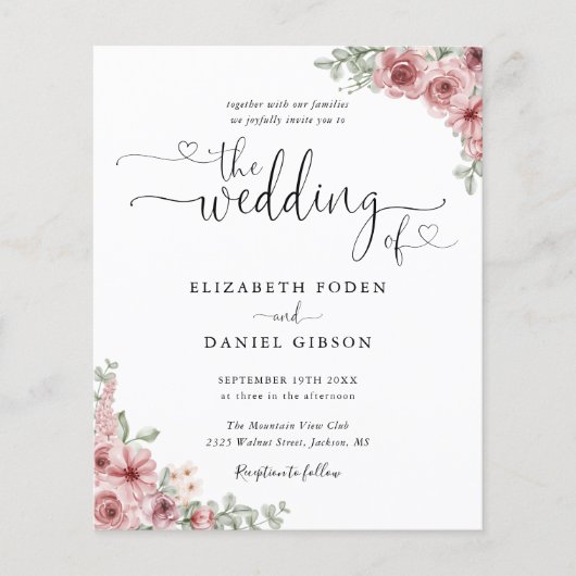 Budget Dusty Roos Floral Script Weduwen Uitnodigin (Voorkant)