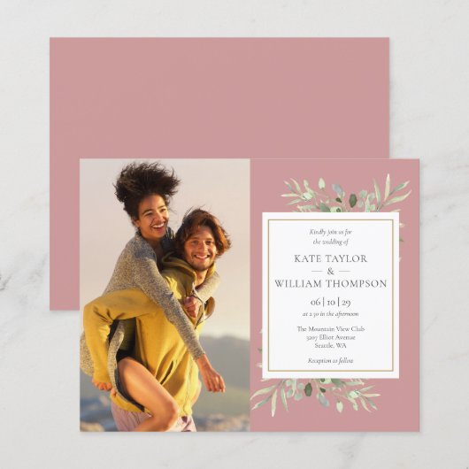 Budget Dusty Roos Greenery Foto Wedding Invite (Voorkant / Achterkant)