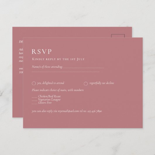BUDGET Dusty Roos Monochrome RSVP Simple Plain Briefkaart (Voorkant / Achterkant)