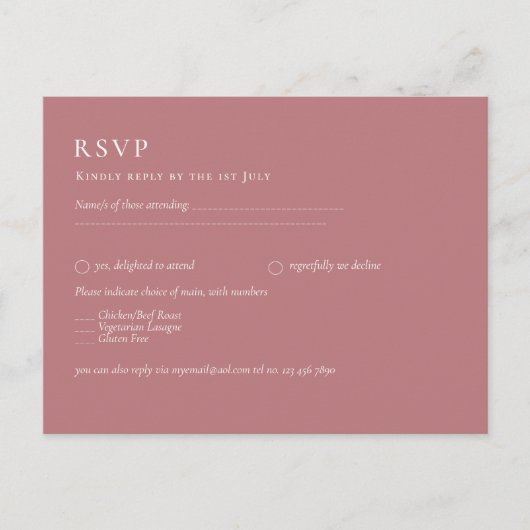 BUDGET Dusty Roos Monochrome RSVP Simple Plain Briefkaart (Voorkant)