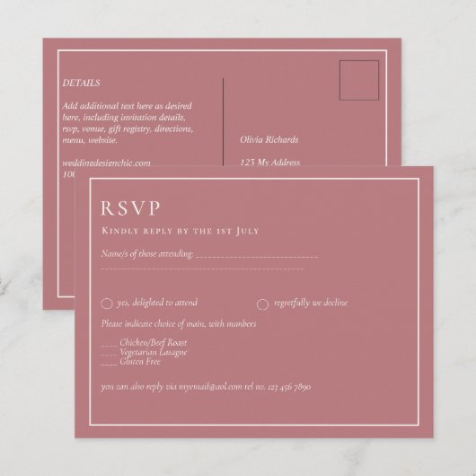 BUDGET Dusty Roos Monochrome RSVP Simple Plain Briefkaart (Voorkant / Achterkant)