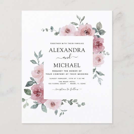 Budget Dusty Roos Pink Floral Greenery Wedding Flyer (Voorkant)