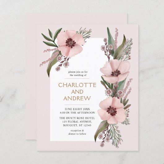 Budget Dusty Roos Pink Gold Floral Wedding Invite (Voorkant / Achterkant)
