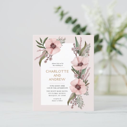 Budget Dusty Roos Pink Gold Floral Wedding Invite (Staand voorkant)