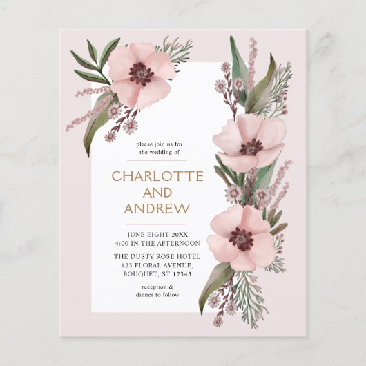 Budget Dusty Roos Pink Gold Floral Wedding Invite (Voorkant)