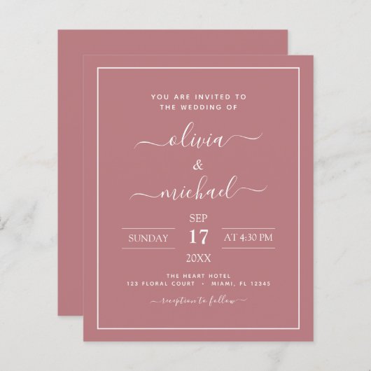 Budget Dusty Roos Pink Wedding Modern Typografie (Voorkant / Achterkant)
