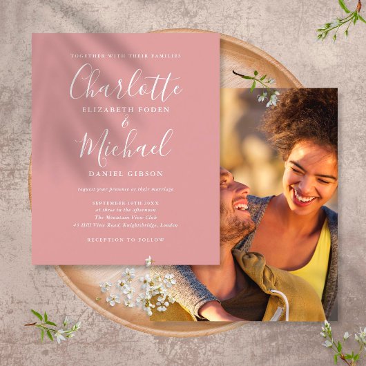 Budget Dusty Roos Script Photo Wedding Invitation