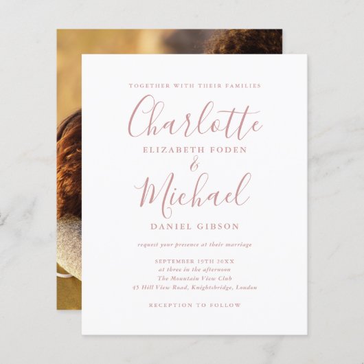 Budget Dusty Roos Script Weddenschap Foto uitnodig (Voorkant / Achterkant)