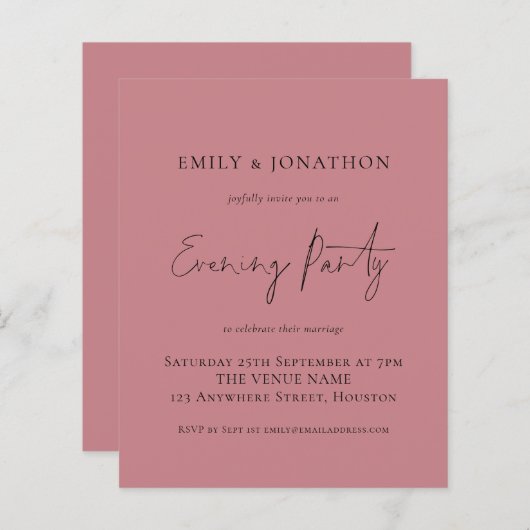 Budget Dusty Roos Wedding Evening Party Invite (Voorkant / Achterkant)