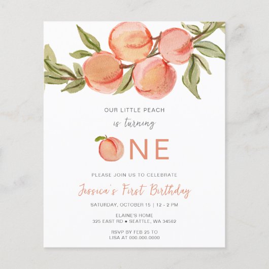 Budget Een Sweet Peach Eerste Verjaardag Uitnodigi (Voorkant)