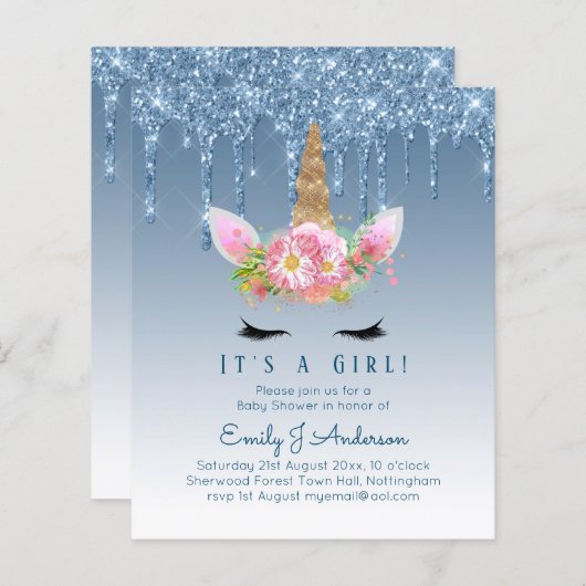 Budget Eenhoorn Baby Shower Blauwe Meisjes Cute (Voorkant / Achterkant)