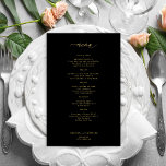 Budget eenvoudig gouden script zwart bruiloft menu<br><div class="desc">Eenvoudig wit trendy minimalistische kalligrafie script aangepaste tekst sjabloon BUDGET betaalbaar zwart bruiloft menukaart. LEES DIT ALVORENS TE KOPEN! Dit is een budget trouwkaart gedrukt op een papieren blad (elk blad heeft één kaart). Voor de beste rapport prijs kwaliteit, ons advies is om te kiezen voor de semi-glans papiertype (het...</div>