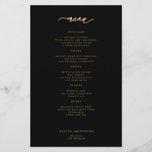 Budget eenvoudig gouden script zwart bruiloft menu (Voorkant)
