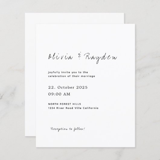 BUDGET Eenvoudig minimalistisch script bruiloft (Voorkant / Achterkant)