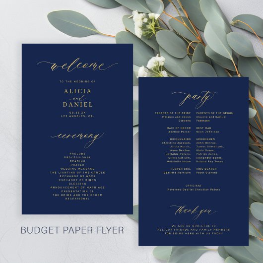Budget eenvoudig script goud marine bruiloft progr flyer