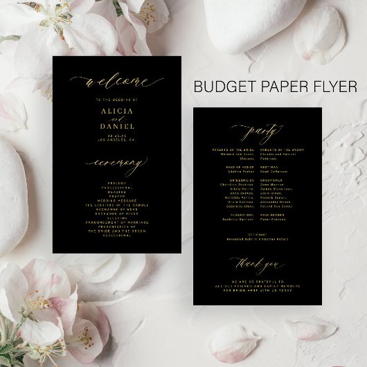 Budget eenvoudig script goud zwart bruiloft progra flyer