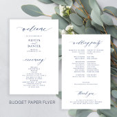 Budget eenvoudig script navy wit bruiloft programm flyer