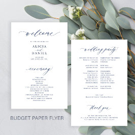 Budget eenvoudig script navy wit bruiloft programm flyer