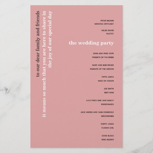 BUDGET Eenvoudig Stof Roze Tekst Trouwprogramma (Achterkant)