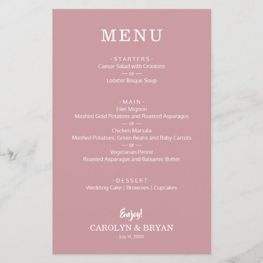 Budget Eenvoudige Dusty Roos Wedding Menu (Voorkant)