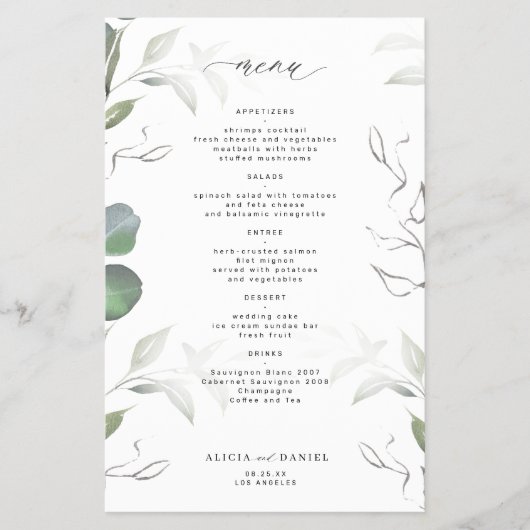 Budget eenvoudige eucalyptus groen bruiloft menu (Voorkant)