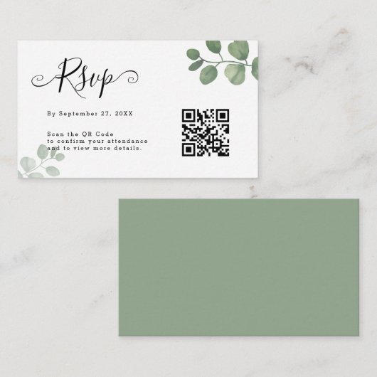 BUDGET Eenvoudige Eucalyptus QR Code RSVP Weddensc Notitiekaartje (Voorkant / Achterkant)