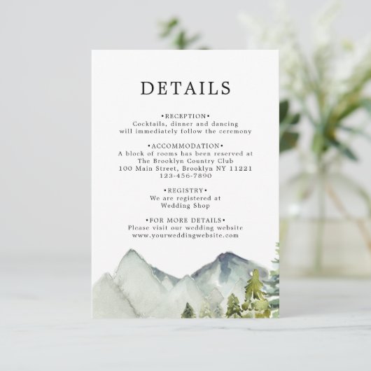 BUDGET Eenvoudige Forest Mountains Bruiloft Detail Informatiekaartje (Staand voorkant)