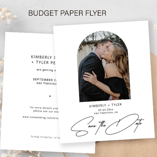Budget eenvoudige foto elegante bruiloft bespaar d flyer