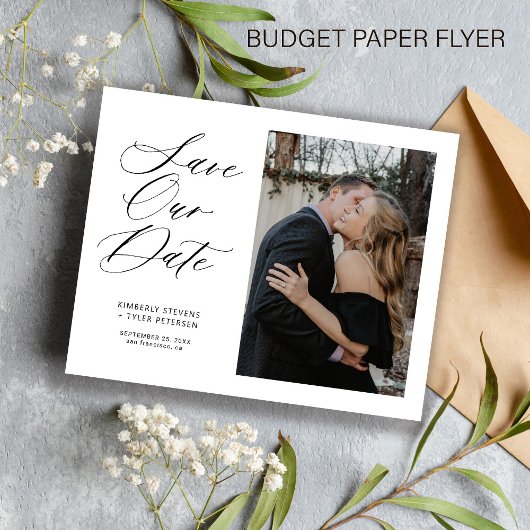 Budget eenvoudige foto elegante bruiloft bespaar d flyer