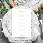 Budget eenvoudige gouden typografie bruiloft menu<br><div class="desc">Eenvoudig wit trendy minimalistische kalligrafie script aangepaste tekst sjabloon BUDGET betaalbare bruiloft menukaart. LEES DIT ALVORENS TE KOPEN! Dit is een betaalbaar programma met een laag budget, gedrukt op een flyer (adverteren papier). Houd er rekening mee dat BUDGET PAPIER IS DUN - U kunt upgraden om deze kaart afgedrukt op...</div>