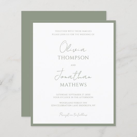 BUDGET Eenvoudige Sage Green Border Script Wedding (Voorkant / Achterkant)
