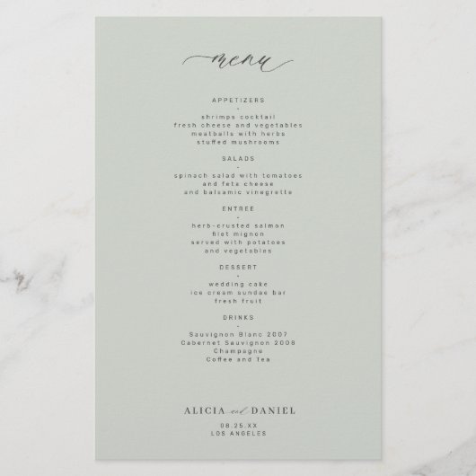 Budget eenvoudige salie groene bruiloft menu (Voorkant)