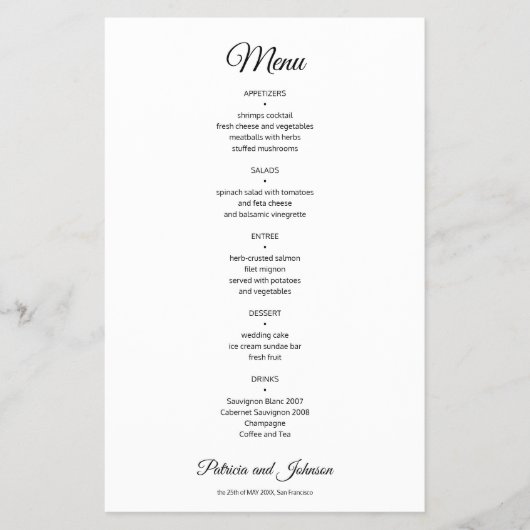 Budget eenvoudige witte elegante bruiloft menu (Voorkant)