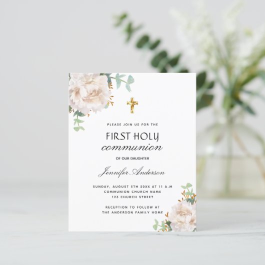 Budget eerste communie eucalyptus witte bloemen (Staand voorkant)