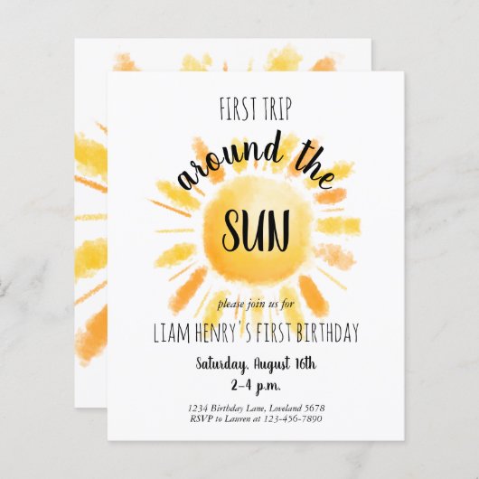 Budget eerste reis rond de Sun Party uitnodiging (Voorkant / Achterkant)